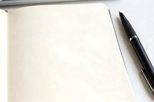 Minimalist office stationery mockup, open diary with blank cream paper and pen.