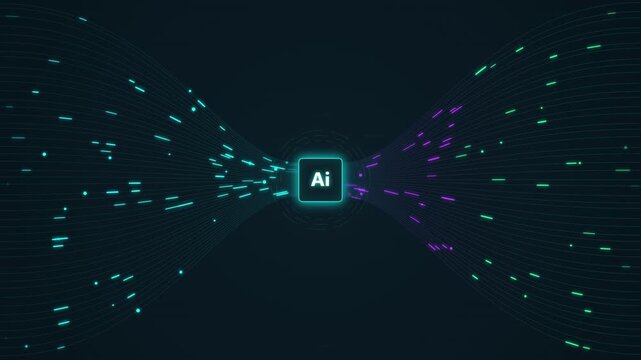 Abstract Visualization of an Artificial Intelligence Core Processing Digital Data Streams in a Futuristic Network Environment