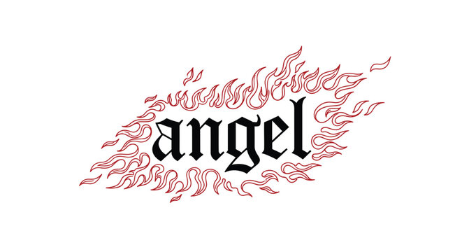 Gothic style word Angel written in black font surrounded by red outlines of burning flames on a white background.