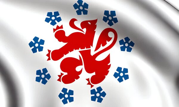 The red dragon emblem on a white flag with blue floral patterns waves gently.