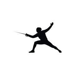 Fototapeta premium Fencer in lunge position with sword fencing silhouette vector flat design on white background. 