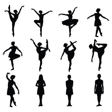 Twelve black silhouettes of ballerinas in various poses
