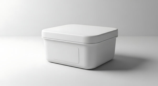 Clean food container box mockup, simple geometric shape, white matte finish, soft ambient light, realistic shadow, blank label area, modern packaging design, high resolution
