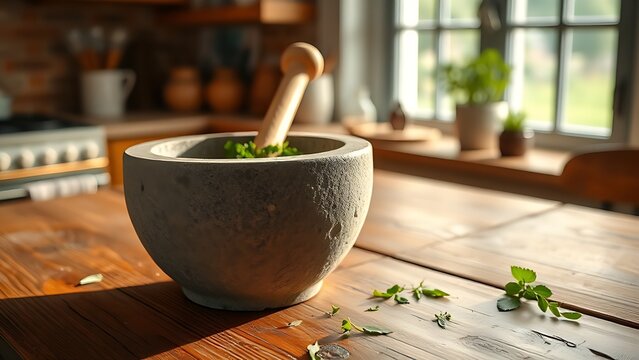 labdanum. A rustic stone mortar and pestle with green herbal paste on a wooden table in a cozy kitchen. menu design, packaging mockups, designed for culinary blogs and recipe cards for restaurants.