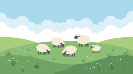 Fototapeta premium Flock of Sheep Grazing Peacefully in a Green Pasture.