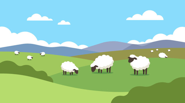 Flock of Sheep Grazing Peacefully in a Green Pasture Illustration.