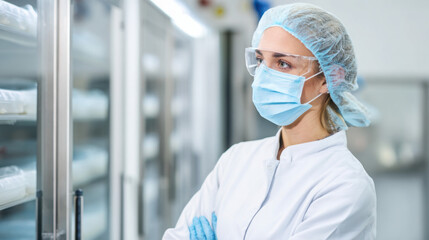 Fototapeta premium Professional woman wea protective gear in a cleanroom environment observes products stored inside of a refrigerated display case carefully.