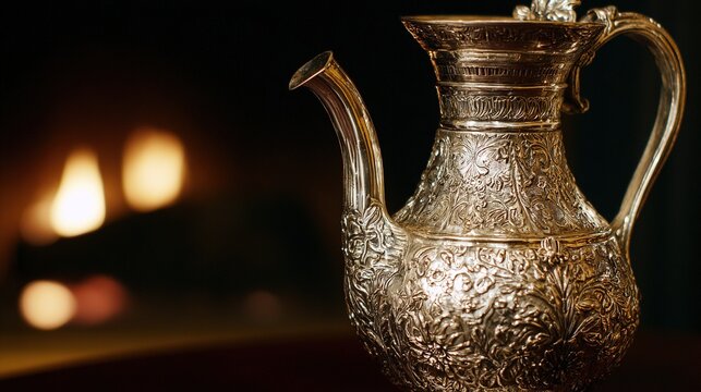 flagon. An intricately engraved silver flagon reflecting flickering firelight. product launch decks, UI/UX mockups, designed for product launches and innovation pitches, used by product marketers.