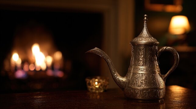 flagon. An intricately engraved silver flagon reflecting flickering firelight. product launch decks, UI/UX mockups, designed for product launches and innovation pitches, used by product marketers.