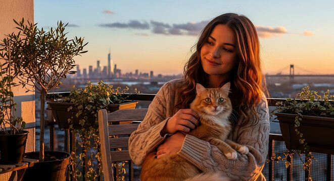 Young woman holding cat on rooftop at sunset.