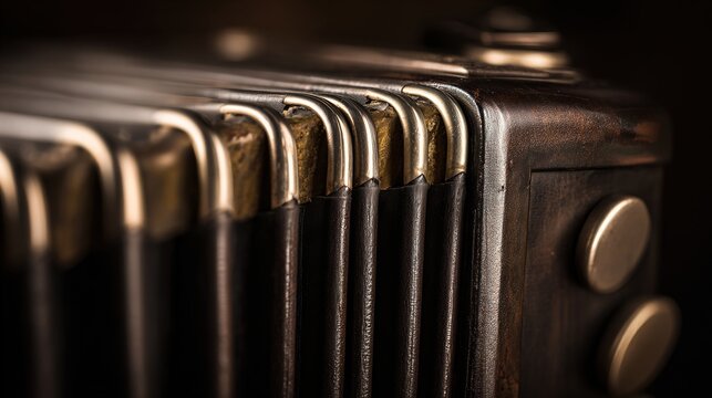 accordion. Vintage accordion with detailed bellows texture in studio lighting, close-up. event programs, museum guides, designed for cultural heritage projects and event programs, preserves heritage.