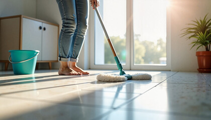 Fototapeta premium Cleaning service worker mopping tiled floor barefoot in sunny home interior