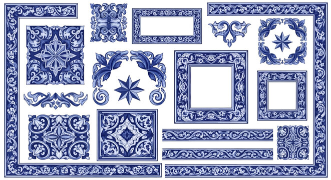 Portuguese Azulejo Tile Motifs and Baroque Vector Borders