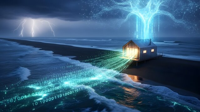 Technological advancement merging with nature's power, depicted as a glowing digital tree emanating from a house on a stormy coast, with binary code flowing through the waves