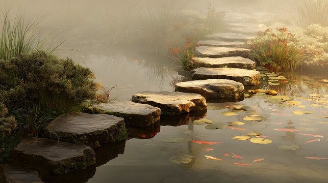 Mist veils a tranquil pond's surface
