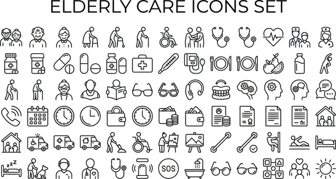 Elderly care icons set for healthcare and medical services