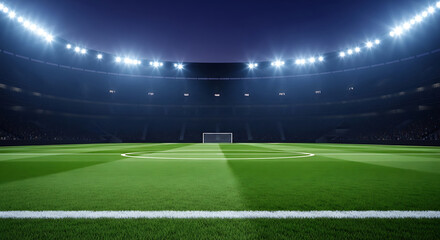 Fototapeta premium empty soccer stadium field at night with lights on