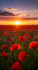 Obraz premium Vibrant Poppy Field at Sunset - A Breathtaking Landscape.
