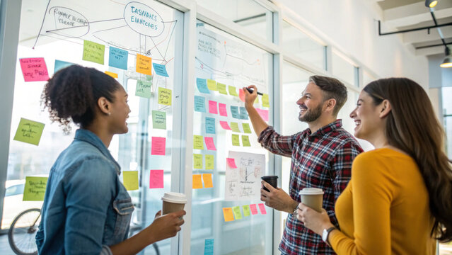 Creative team brainstorming session planning glass wall with colorful sticky notes and diagrams, smiling coworkers collaborate while holding coffee