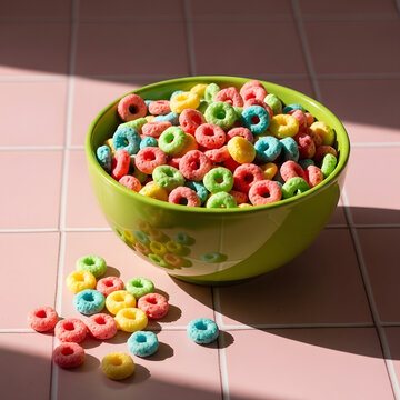 Colorful Froot Loops cereal in a green bowl on pink tiles, morning breakfast, vibrant and playful, sweet and tasty, fun and cheerful food