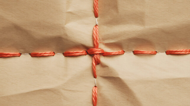 Brown paper with red thread stitched in a cross shape