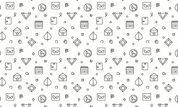 Seamless monochrome outline pattern with scattered leaves envelopes and geometric shapes