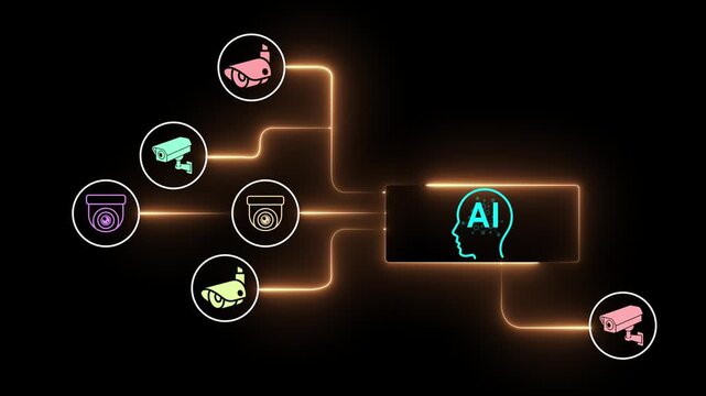 AI security cameras and surveillance systems concept on the transparent background. Engineer developing automated monitoring system with machine learning. Motion graphics of automated monitoring idea