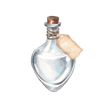 An empty glass alchemical flask with a stopper and tag. Watercolor hand-drawn illustration of apothecary utensils. Suitable for prints on the topics of history, magic, chemistry, medicine, alchemy.
