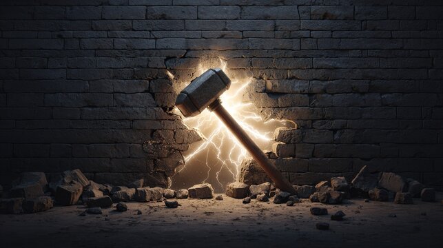 demolition. Hammer breaking through old stone wall with light from cracks. event programs, museum guides, designed for cultural heritage projects and event programs.