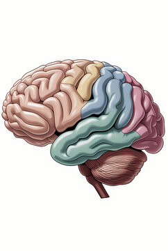 Colored illustration of the human brain from a lateral view, color-coding functional lobes (frontal, parietal, temporal, occipital) and showing the cerebellum. Useful for neuroscience education.