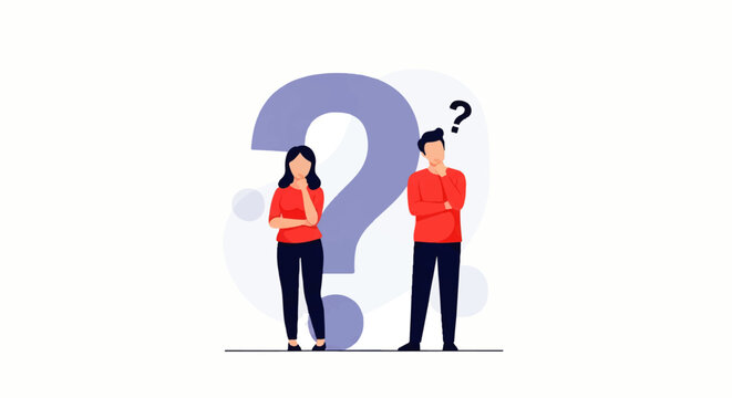 Flat design illustration of a puzzled man and woman standing next to a giant question mark in a vector graphic, conveying confusion.