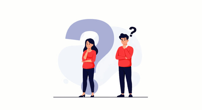 Flat design illustration of a puzzled man and woman standing with question marks, vector graphics with a simple composition.