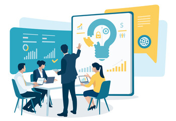 Naklejka na ściany i meble The idea. Discussion about a new business project. Brainstorming. Business vector illustration. 