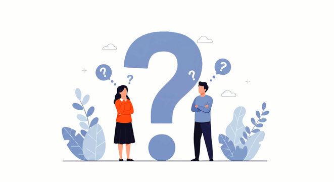 Flat design illustration vector of two people standing thoughtfully on either side of a large question mark with puzzled expressions and decorative plants around them on a white background.