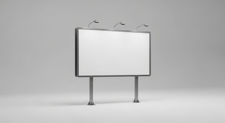 Obraz premium Blank white billboard with metal frame and three spotlights on gray background