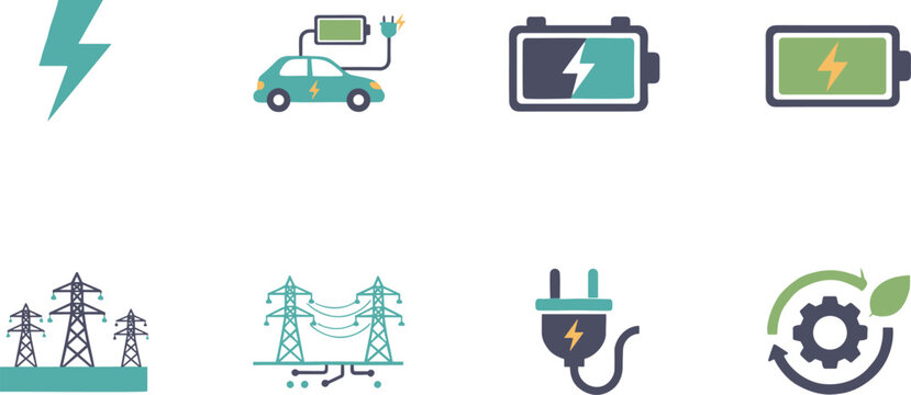 Electrical energy and power infrastructure vector icon set featuring lightning bolts electric car charging battery and power grid symbols.