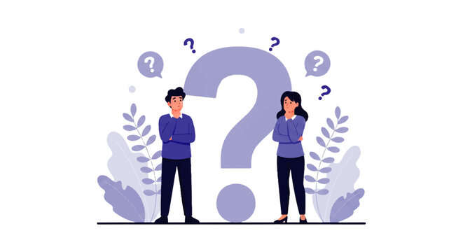 Flat design illustration of a man and woman standing thoughtfully on either side of a large question mark, surrounded by abstract shapes and leaves in a vector graphic with a contemplative