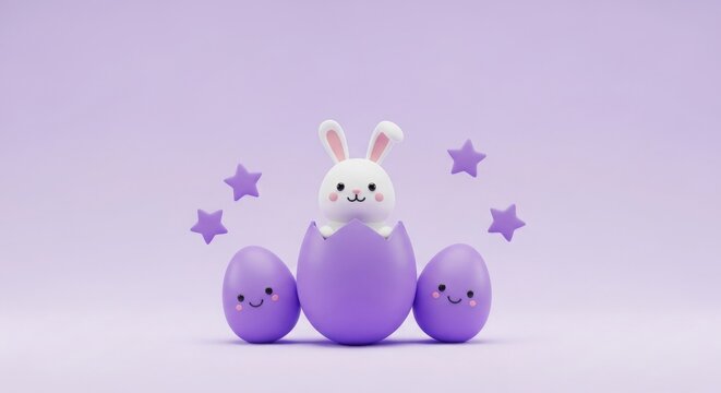 Cute white bunny emerging from purple easter egg with smiling faces and stars