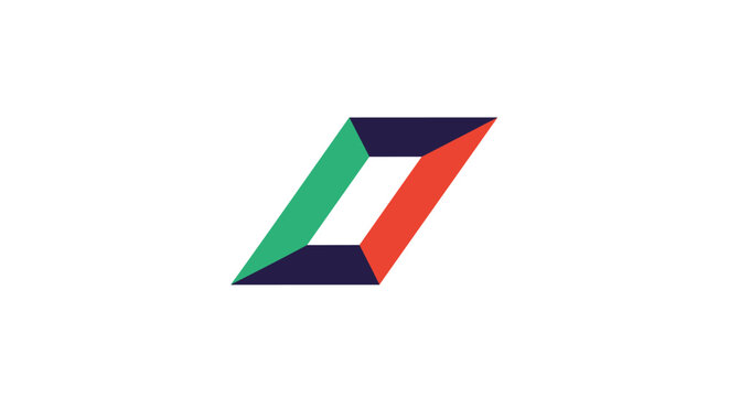 Modern abstract logo featuring a tilted rectangular or parallelogram shape composed of green, red, and dark blue segments.