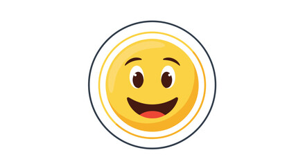 Fototapeta premium Cheerful yellow smiley face emoji with a big wide open mouth laugh and happy eyes inside a circular frame on white.