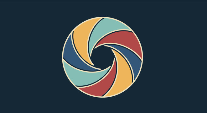 Vintage style camera shutter aperture icon with colorful blades in yellow teal blue and red on a dark blue background.