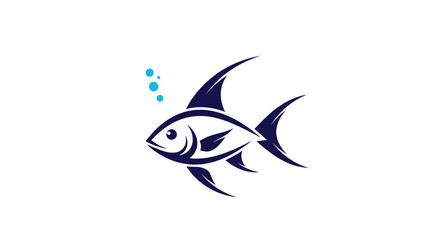 Fototapeta premium Stylized dark blue fish icon with a high dorsal fin and small light blue bubbles representing underwater marine life.