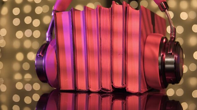 Audiobook concept, stack of books with headphones on abstract background