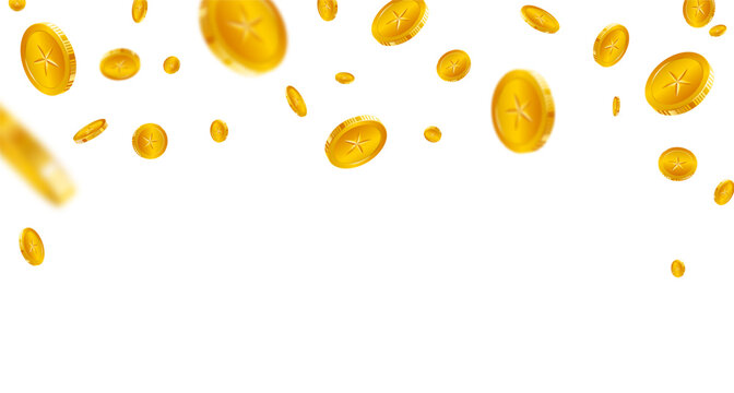 Falling gold coins rain isolated on transparent background. Golden star coins of million dollars lottery games prize. Cash explosion and flying coin vector illustration