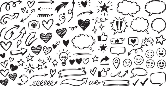 and drawn doodle set of hearts, arrows, and sparkles, cute vector illustration collection.