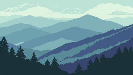 Calm layered mountain silhouettes in blue tones, atmospheric perspective, minimalist vector design, serene nature background for travel and outdoor themes. © Tamar