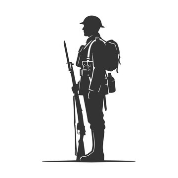 Silhouette depicts a World War One soldier standing in profile holding a rifle with a bayonet and full gear