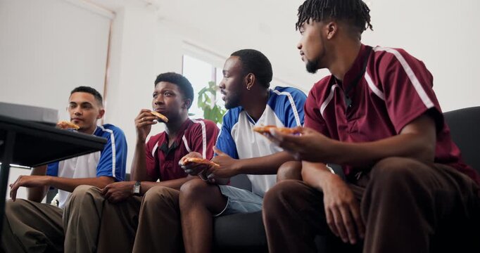 Discussion, watching tv or friends eating on couch, sports tournament or chat for soccer match forecast. Speaking, men and football fans with pizza for game live stream, low angle and bonding in home