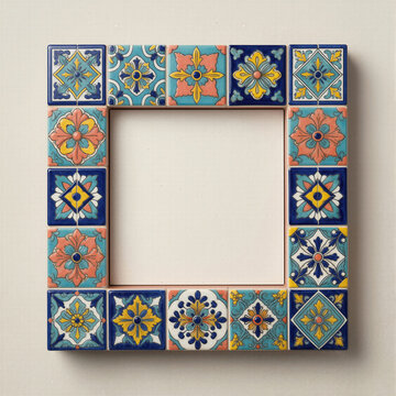 Elegant square frame decorated with colorful traditional mediterranean ceramic tiles for classic interior decor vibrant graphic design and artistic wallpaper concepts.