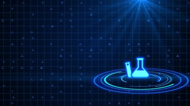 High-tech Futuristic Blue Digital Science Background Featuring A Glowing Neon Cyan Laboratory Flask And Test Tube Icon Within Rotating Concentric Circles On A Dark Grid With Scattered Atomic Symbols 